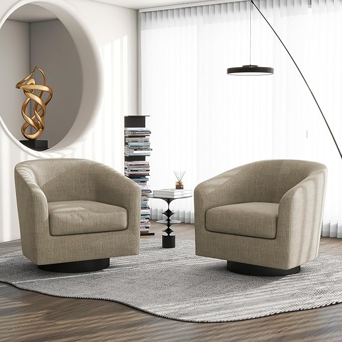 Swivel Barrel Accent Chair, Modern Round Linen Arm Chair for Living Room, Bedroom, Comfy Club Reading Chairs for Adults-Linen Fabric Light Brown, 1SEAT