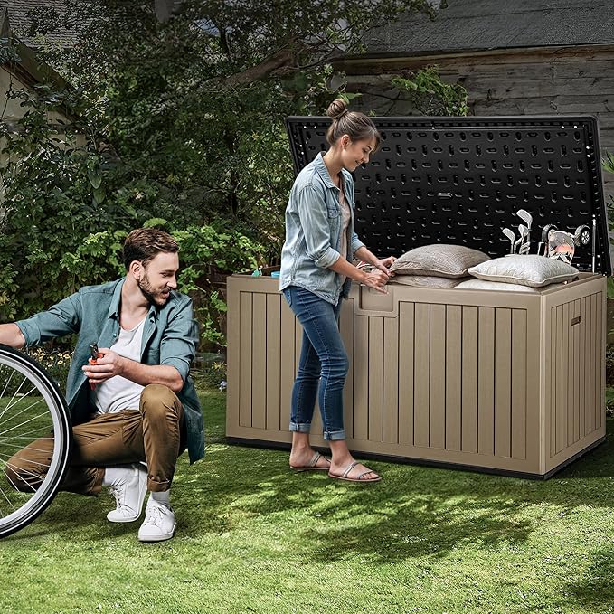 YITAHOME 230 Gallon Double-Wall Deck Box with Divider & Side Handles, Outdoor Large Storage for Patio Furniture Cushions, Garden Pool Accessories, Water Resistant & Lockable