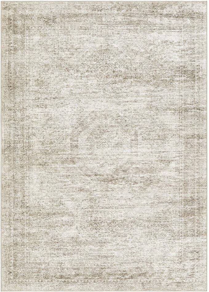 Washable Area Rugs for Living Room -8x10 Neutral Vintage Distressed Floral Farmhouse Boho Large Soft Floor Rug Indoor Non Slip Carpet for Living Room Bedroom Dining Room Office-Beige