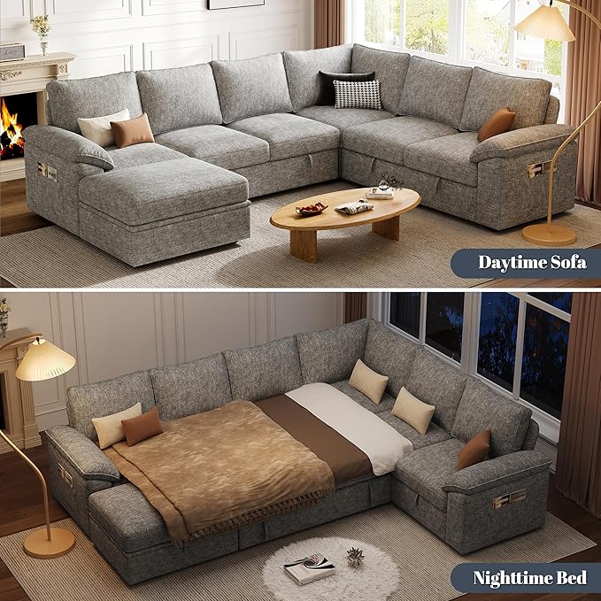 108 Inch Modular Sectional Sofa with Pull Out Bed,U Shaped 7 Seat Sectional Sleeper Sofa with Storage,Sectional Couches for Living Room,Cloud Modular Couch,Removable Sofa Cover,Light Gray