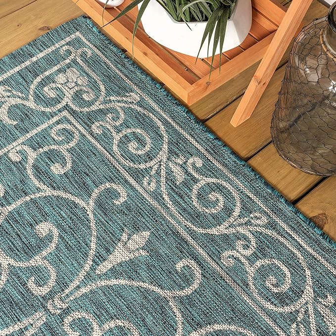 JONATHAN Y Vintage Filigree Indoor Outdoor Area Rug 4X6 Teal/Gray, Charleston Textured Weave for Backyard, Patio, Porch, Easy-Cleaning, High Traffic, Pet-Friendly, Non-Shedding (SMB106F-4)
