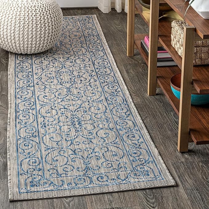JONATHAN Y Vintage Filigree Indoor Outdoor Runner Rug 2X10 Gray/Navy, Charleston Textured Weave for Backyard, Patio, Porch, Easy-Cleaning, High Traffic, Pet-Friendly, Non-Shedding (SMB106C-210)