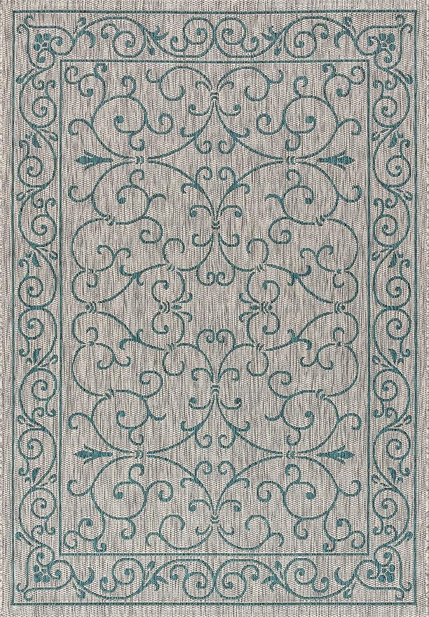 JONATHAN Y Vintage Filigree Indoor Outdoor Area Rug 5X8 Gray/Teal, Charleston Textured Weave for Backyard, Patio, Porch, Easy-Cleaning, High Traffic, Pet-Friendly, Non-Shedding (SMB106E-5)