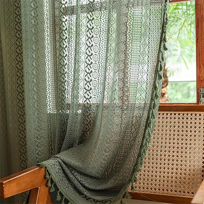Sutuo Home Olive Green Boho Curtains 108 inches Long, Crochet Lace Sheer Bohemian Hollow Knitted Cute Tassels, Vintage Farmhouse for Bedroom Living Room Nursery Room, 1 Panel 59" W x 108" L