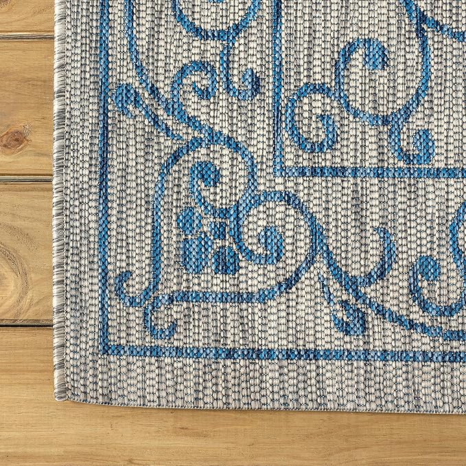 JONATHAN Y Vintage Filigree Indoor Outdoor Square Area Rug 9X9 Gray/Navy, Charleston Textured Weave for Backyard, Patio, Porch, Easy-Cleaning, High Traffic, Pet-Friendly, Non-Shedding (SMB106C-9SQ)