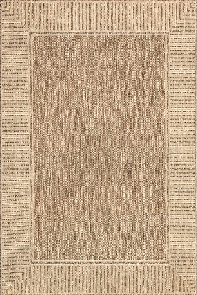nuLOOM 2' x 3' Outdoor Area Rug, Casual Design With Striped Border, Stain Resistant, Highly Durable, For Patio, Balcony, Bedroom, Living Room, Dining Room, Bathroom, Light Brown