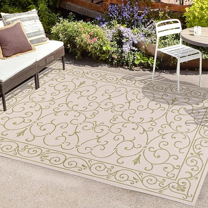 JONATHAN Y Vintage Filigree Indoor Outdoor Area Rug 9X12 Cream/Green, Charleston Textured Weave for Backyard, Patio, Porch, Easy-Cleaning, High Traffic, Pet-Friendly, Non-Shedding (SMB106I-9)