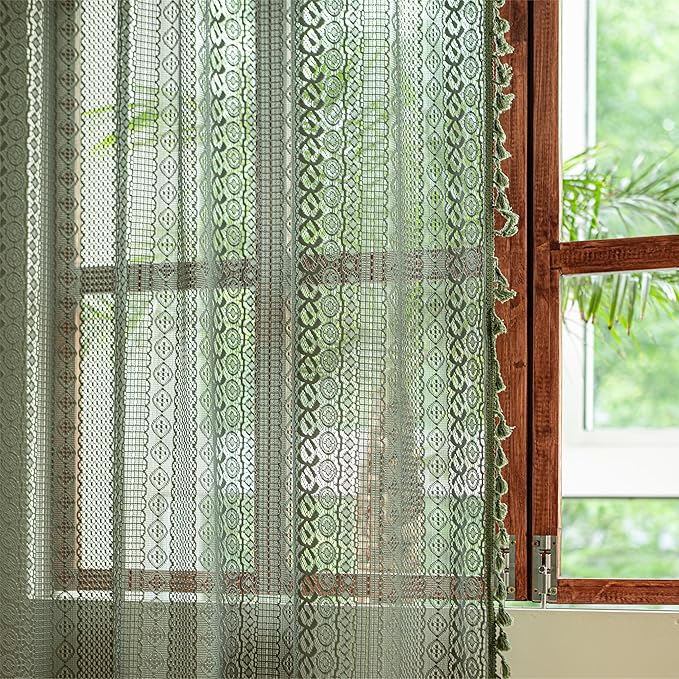 Sutuo Home Olive Green Boho Curtains 108 inches Long, Crochet Lace Sheer Bohemian Hollow Knitted Cute Tassels, Vintage Farmhouse for Bedroom Living Room Nursery Room, 1 Panel 59" W x 108" L