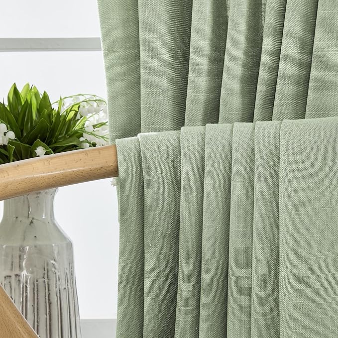 Joydeco Linen Curtains for Living Room,Light Filtering Rod Pocket Back Tab Semi Sheer Drapes Window Long Curtains 63 inches Long Sage Green