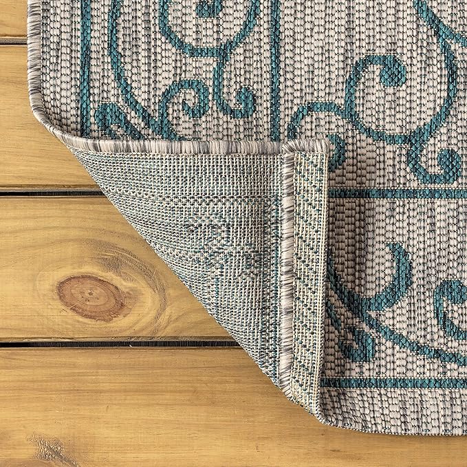 JONATHAN Y Vintage Filigree Indoor Outdoor Round Area Rug 5 Ft Gray/Teal, Charleston Textured Weave for Backyard, Patio, Porch, Easy-Cleaning, High Traffic, Pet-Friendly, Non-Shedding (SMB106E-5R)