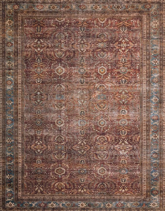 Loloi Layla Collection LAY-01 Brick/Blue 9'-0" x 12'-0" .13" Thick Area Rug, Soft, Durable, Vintage Inspired, Distressed, Low Pile, Non-Shedding, Easy Clean, Printed, Living Room Rug