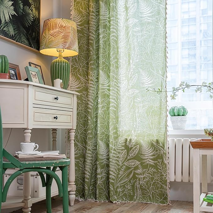 Sutuo Home Boho Curtain 84 Inches Length for Bedroom, Printed Cotton Linen Rod Pocket Rustic Farmhouse Bohemian Tassels Window Treatment, 1 Panel 59" W x 84" L, Green Tropical Leaves