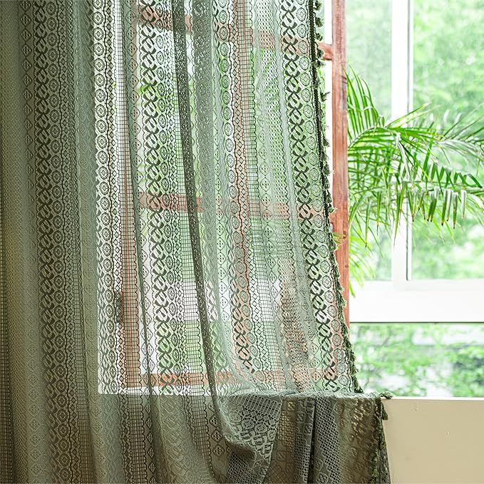 Sutuo Home Olive Green Boho Curtains 90 inches, Crochet Lace Sheer Bohemian Hollow Knitted Handmade Tassels, Privacy Vintage Farmhouse for Bedroom Living Room Easter Decor, 1 Panel 59" W x 90" L
