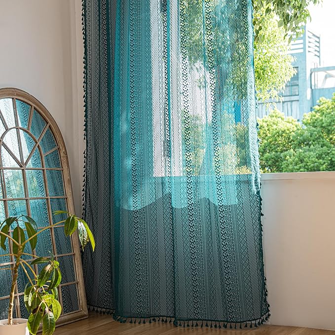 Sutuo Home Boho Curtains Crochet Lace Sheer Bohemian Hollow Knitted with Tassels, Window Treatment Privacy Vintage Rustic Farmhouse Drapes for Bedroom, Rod Pocket 1 Panel 59" W x 63" L, Turquoise