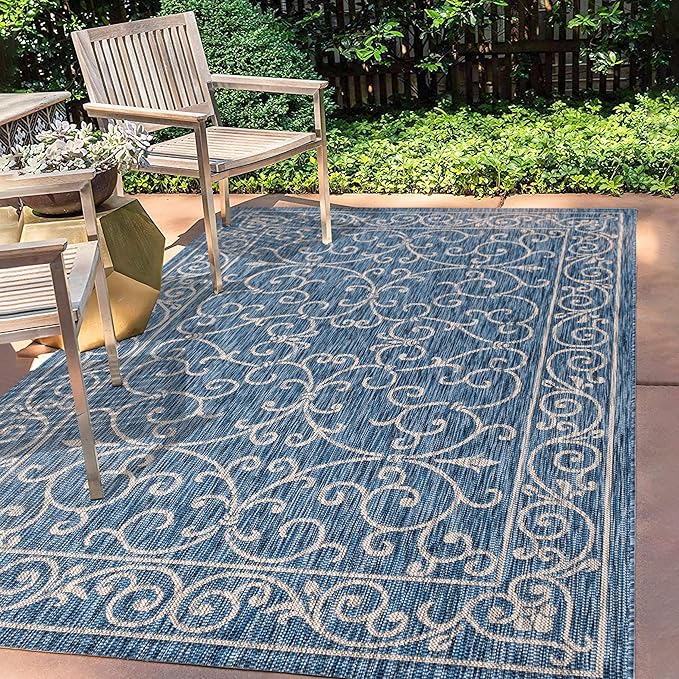 JONATHAN Y Vintage Filigree Indoor Outdoor Area Rug 6X9 Navy/Gray, Charleston Textured Weave for Backyard, Patio, Porch, Easy-Cleaning, High Traffic, Pet-Friendly, Non-Shedding (SMB106D-6)