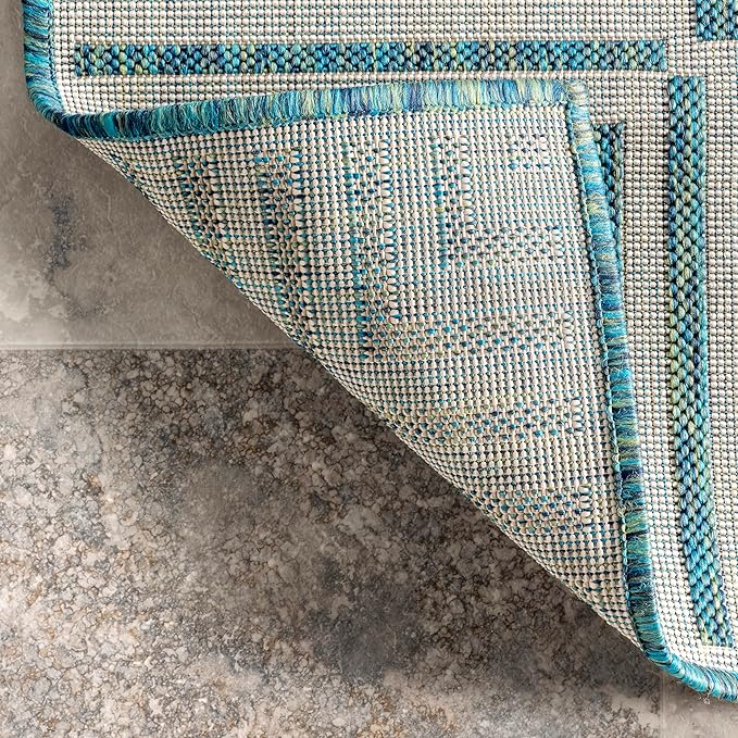 nuLOOM 9'6" x 12' Outdoor Area Rug, Casual Design With Striped Border, Stain Resistant, Highly Durable, For Patio, Balcony, Bedroom, Living Room, Dining Room, Bathroom, Teal