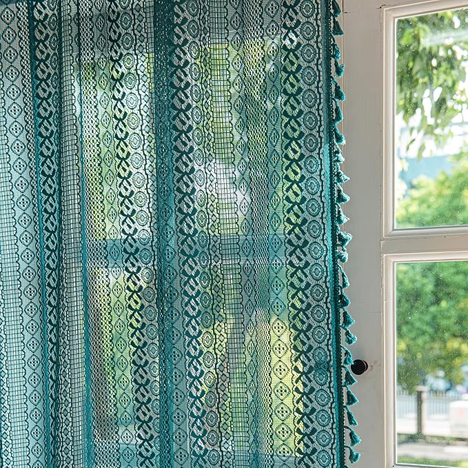 Sutuo Home Boho Curtains 96 inches Long for Bedroom Living Room Nursery Room, Crochet Lace Sheer Bohemian Hollow with Tassels,Window Treatment Drapes, Rod Pocket 1 Panel 59" W x 96" L, Turquoise