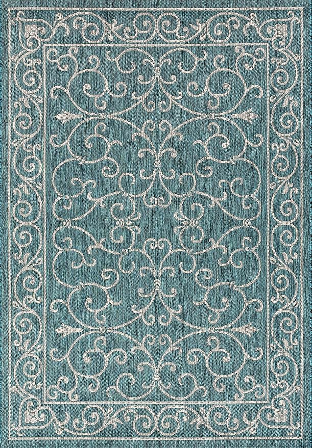 JONATHAN Y Vintage Filigree Indoor Outdoor Area Rug 9X12 Teal/Gray, Charleston Textured Weave for Backyard, Patio, Porch, Easy-Cleaning, High Traffic, Pet-Friendly, Non-Shedding (SMB106F-9)