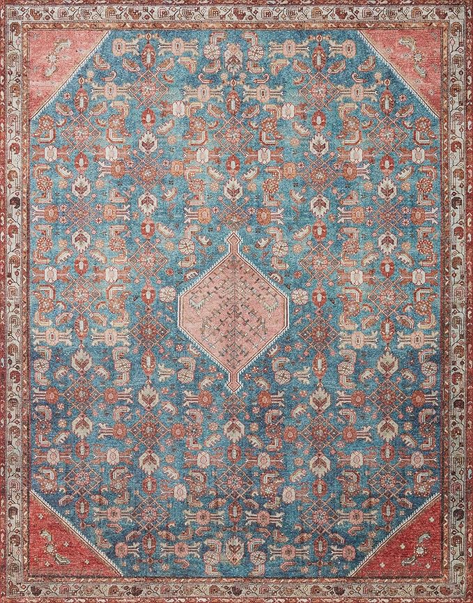 Loloi Layla Collection LAY-10 Marine/Clay 5'-0" x 7'-6" .13" Thick Area Rug, Soft, Durable, Vintage Inspired, Distressed, Low Pile, Non-Shedding, Easy Clean, Printed, Living Room Rug