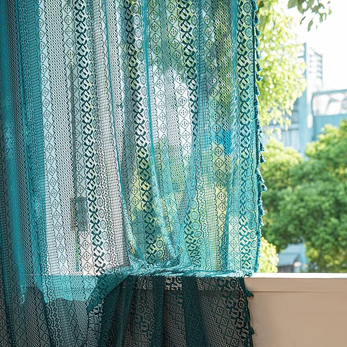 Sutuo Home Boho Curtains 72 inches Long for Bedroom Living Room, Crochet Lace Sheer Bohemian Hollow Knitted with Tassels, Rod Pocket Window Treatment Drapes, 1 Panel 59" W x 72" L, Turquoise