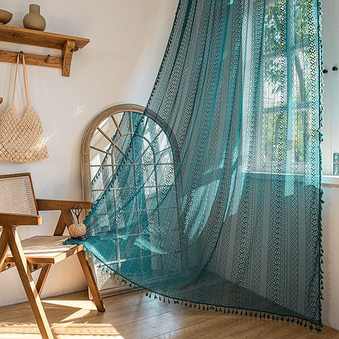 Sutuo Home Turquoise Boho Curtains 90 inches Long for Bedroom Living Room Dining Room, Crochet Lace Sheer Bohemian Hollow with Tassels, Country Window Treatment Drapes, 1 Panel 59" W x 90" L