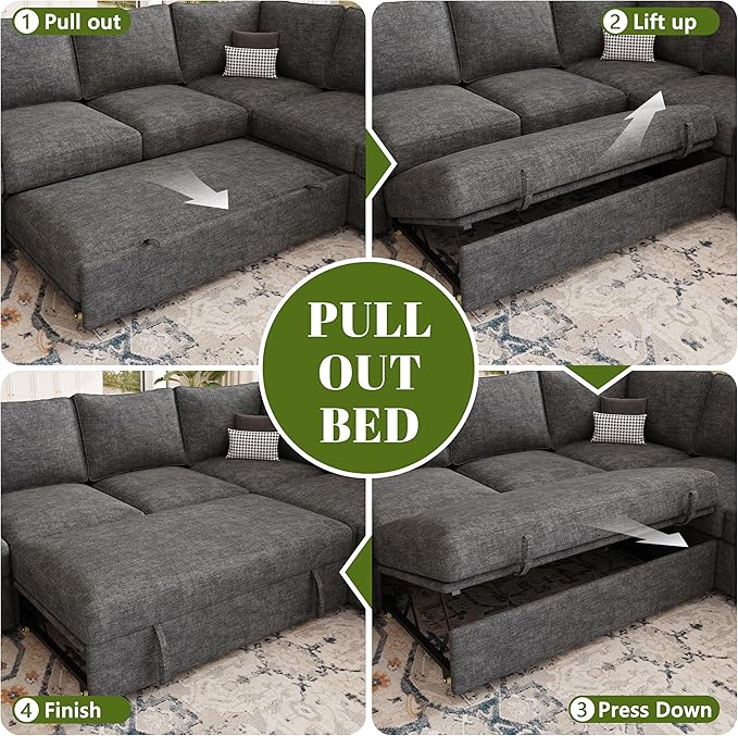 108 Inch Sectional Sleeper Sofa with Pull Out Bed,U Shaped 7 Seat Modular Sectional Sofa with Storage,Sectional Couches for Living Room,Cloud Modular Couch,Removable Sofa Cover,Dark Grey