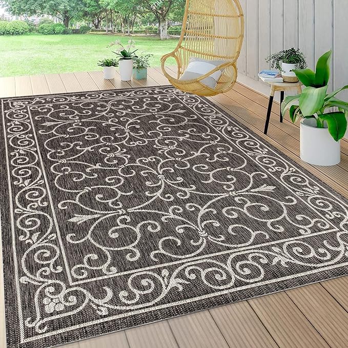 JONATHAN Y Vintage Filigree Indoor Outdoor Area Rug 4X6 Black/Gray, Charleston Textured Weave for Backyard, Patio, Porch, Easy-Cleaning, High Traffic, Pet-Friendly, Non-Shedding (SMB106G-4)
