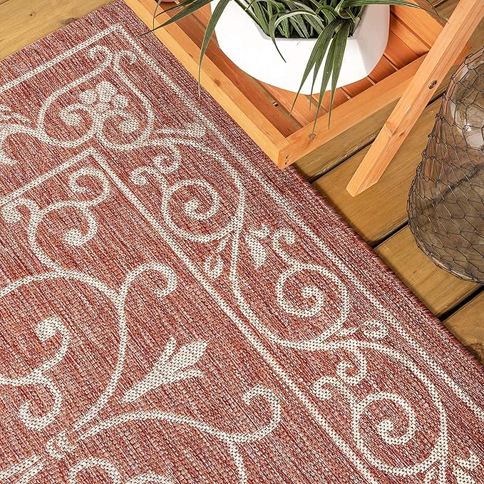 JONATHAN Y Vintage Filigree Indoor Outdoor Round Area Rug 8 Ft Red/Beige, Charleston Textured Weave for Backyard, Patio, Porch, Easy-Cleaning, High Traffic, Pet-Friendly, Non-Shedding (SMB106B-8R)